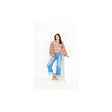A woman modeling a multicolour striped knit sweater and light blue wide-leg jeans, standing against a white studio background.