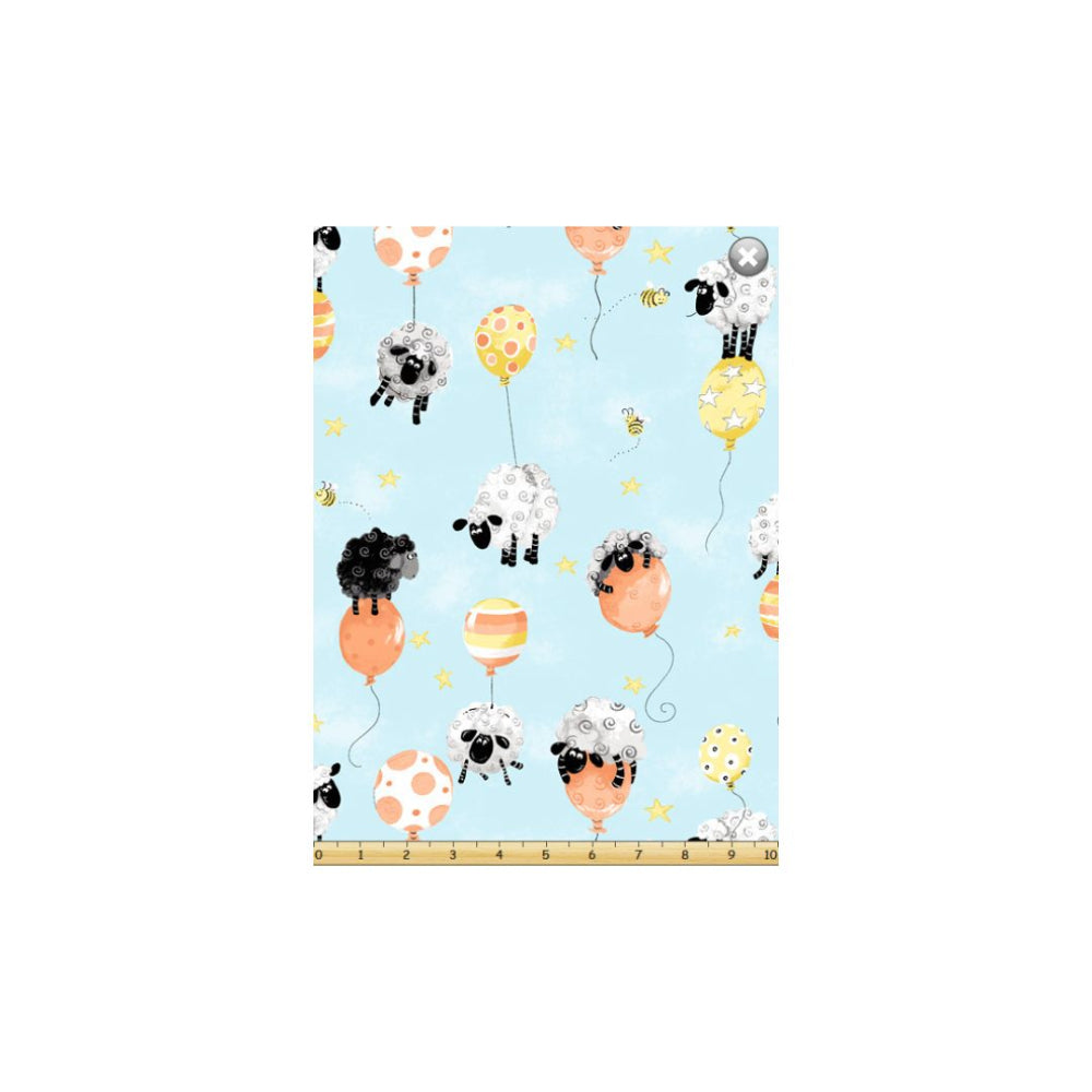 Susybee Textiles Lewes Balloon II Sheep on Blue Fabric