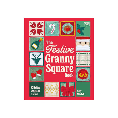 The Festive Granny Square Book by Katy Mitchell, published by DK, featuring a bright red cover decorated with various colourful crocheted square designs and white title text.