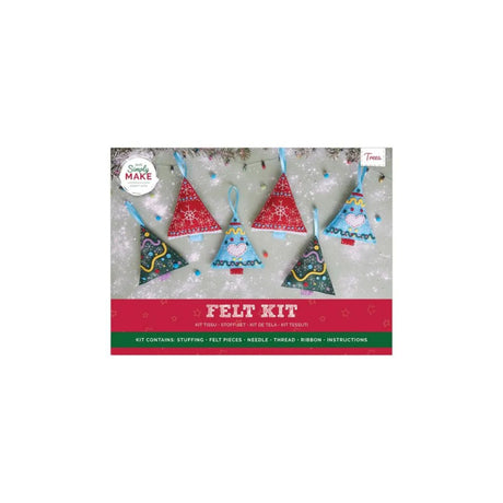 A felt kit product photo showing four triangular felt ornaments with holiday patterns and blue ribbons, above a red banner that reads 'FELT KIT'. 
