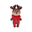 A crocheted plush toy shaped like a reindeer, with brown antlers and body, a beige face, a red scarf with green accents, and small black eyes, centered on a plain white background.