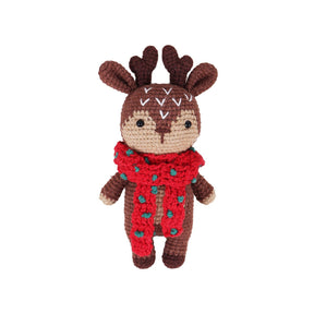 A crocheted plush toy shaped like a reindeer, with brown antlers and body, a beige face, a red scarf with green accents, and small black eyes, centered on a plain white background.
