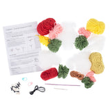 Crochet kit with yarn, hooks, and instructions on a white background