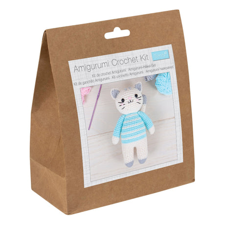 Amigurumi crochet kit packaging with a cat  illustration on a white background