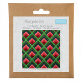 Embroidery kit packaging with a geometric pattern on a white background