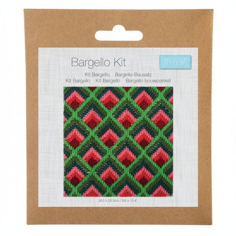 Embroidery kit packaging with a geometric pattern on a white background