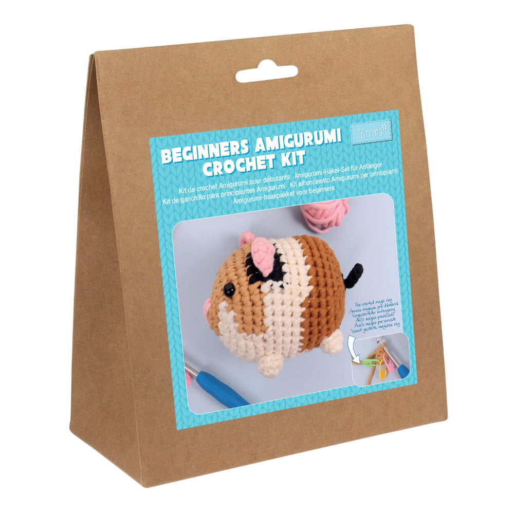 Beginners Amigurumi Crochet Kit packaging with a guinea pig toy illustration on a white background