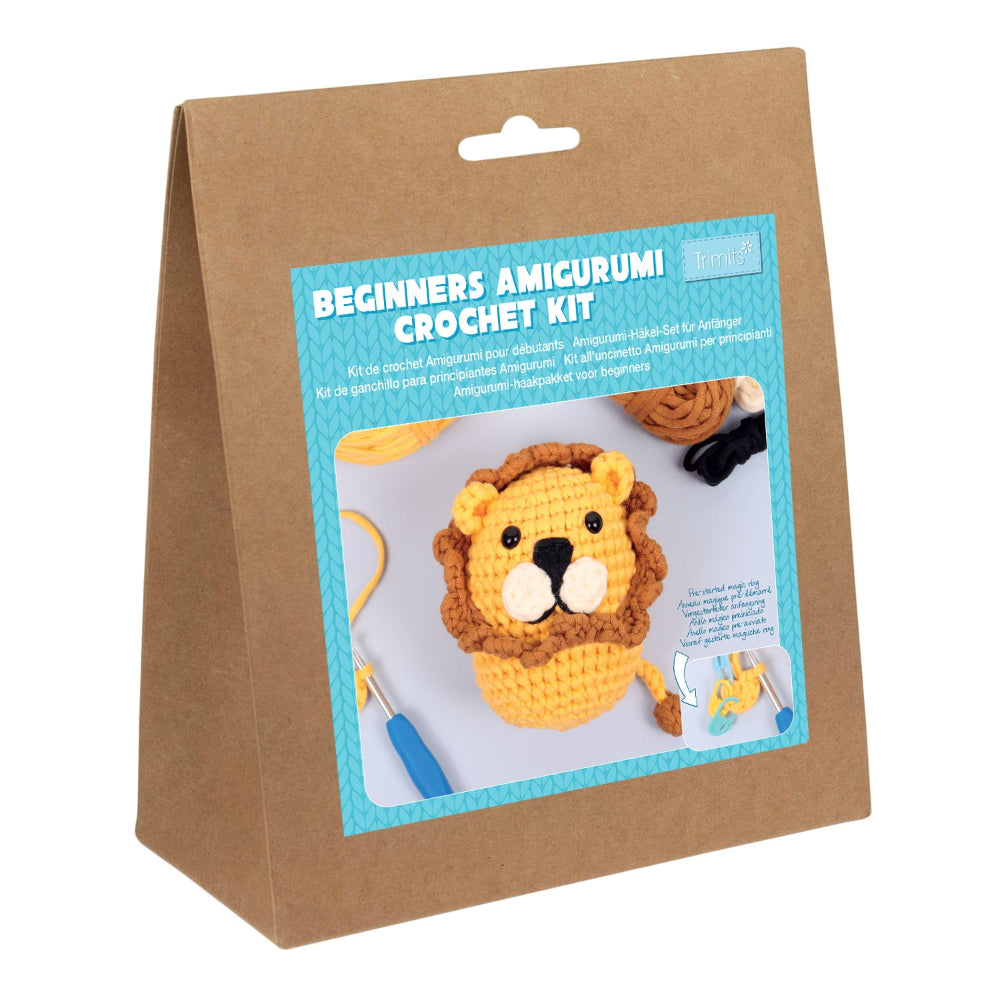 Crochet kit packaging for beginners with a lion amigurumi toy on a white background