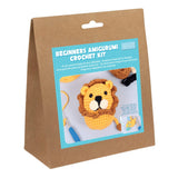 Crochet kit packaging for beginners with a lion amigurumi toy on a white background