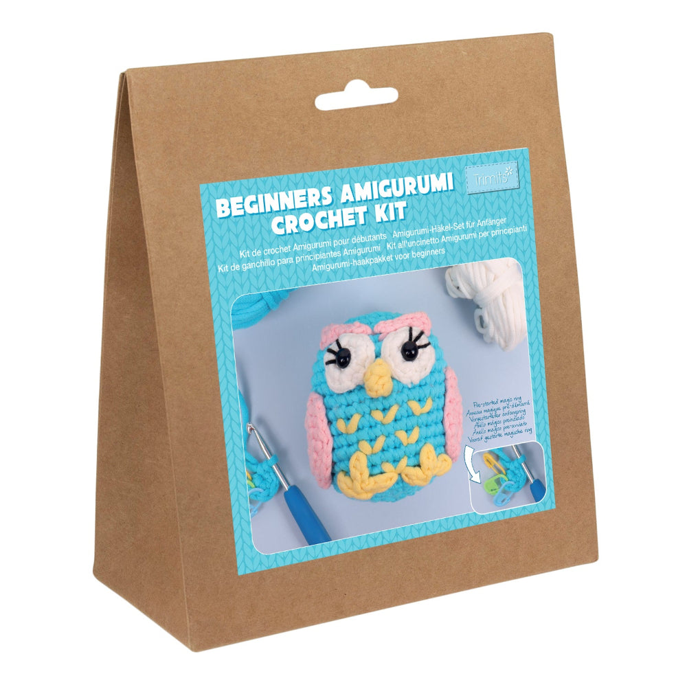 Beginners Amigurumi Crochet Kit packaging with owl design on a white background