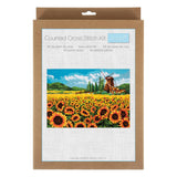 Counted Cross Stitch Kit by Trimits featuring a sunflower field landscape design, packaged in a brown cardboard sleeve with a white front label.