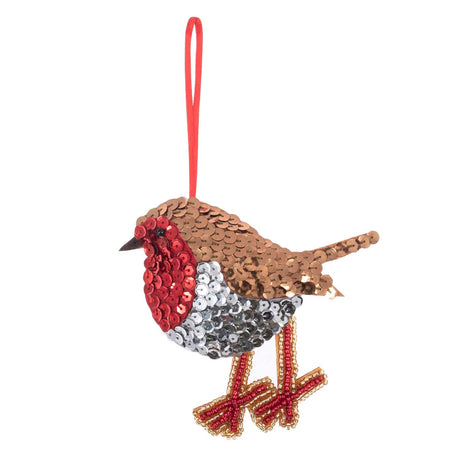 A bird-shaped sequin ornament with a red chest, brown and silver body, red legs, and a red hanging loop, shown on a plain white background.