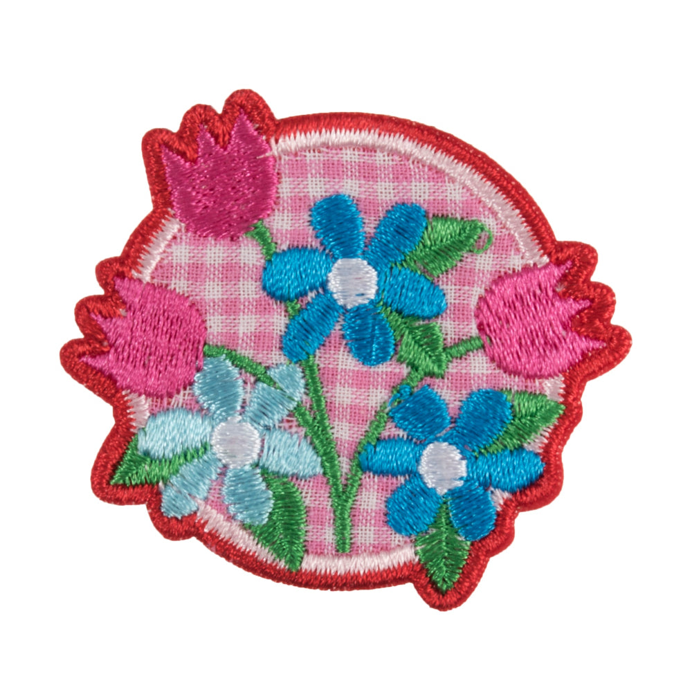 Embroidered patch with pink and blue flowers on a checkered background