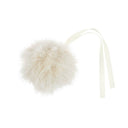 A fluffy cream faux fur pom-pom ornament with a matching cream ribbon tail, shown on a solid white background.