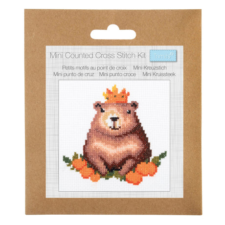A Mini Counted Cross Stitch Kit by Trimmits, featuring a brown groundhog with an orange crown and green leaves, presented on its brown cardboard packaging.