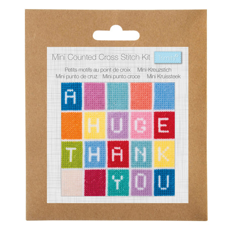A Mini Counted Cross Stitch Kit by mini kit, featuring a colorful 'HUGE THANK YOU' cross stitch design on a white grid card, mounted on a brown kraft paper backing card with a hanging tab.