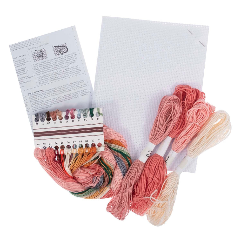 Cross stitch kit with multiple skeins of embroidery thread in assorted colours, a white canvas panel, and an instruction booklet on a plain white background.