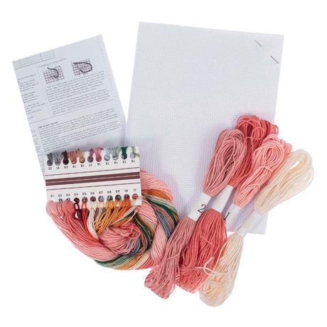Cross stitch kit with multiple skeins of embroidery thread in assorted colours, a white canvas panel, and an instruction booklet on a plain white background.