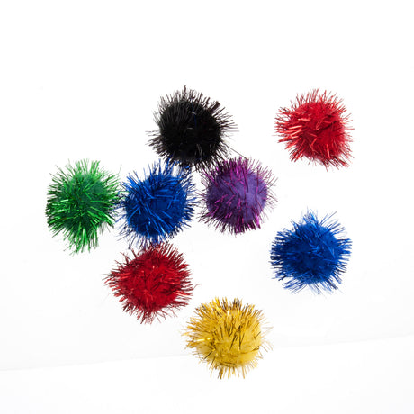 Seven metallic tinsel pom-poms in black, green, blue, purple, red, and yellow, arranged on a plain white background.