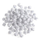 A cluster of small white fluffy pom-pom decorations on a plain white background.
