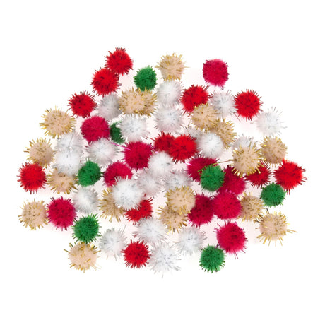 A pile of Christmas tinsel pom-poms in red, green, white, and beige, arranged in a circular cluster on a solid white background.