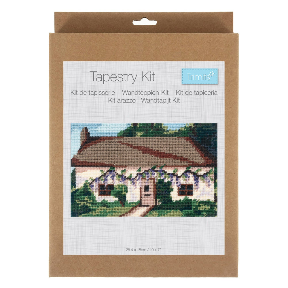 Tapestry kit packaging with a house illustration on a white background