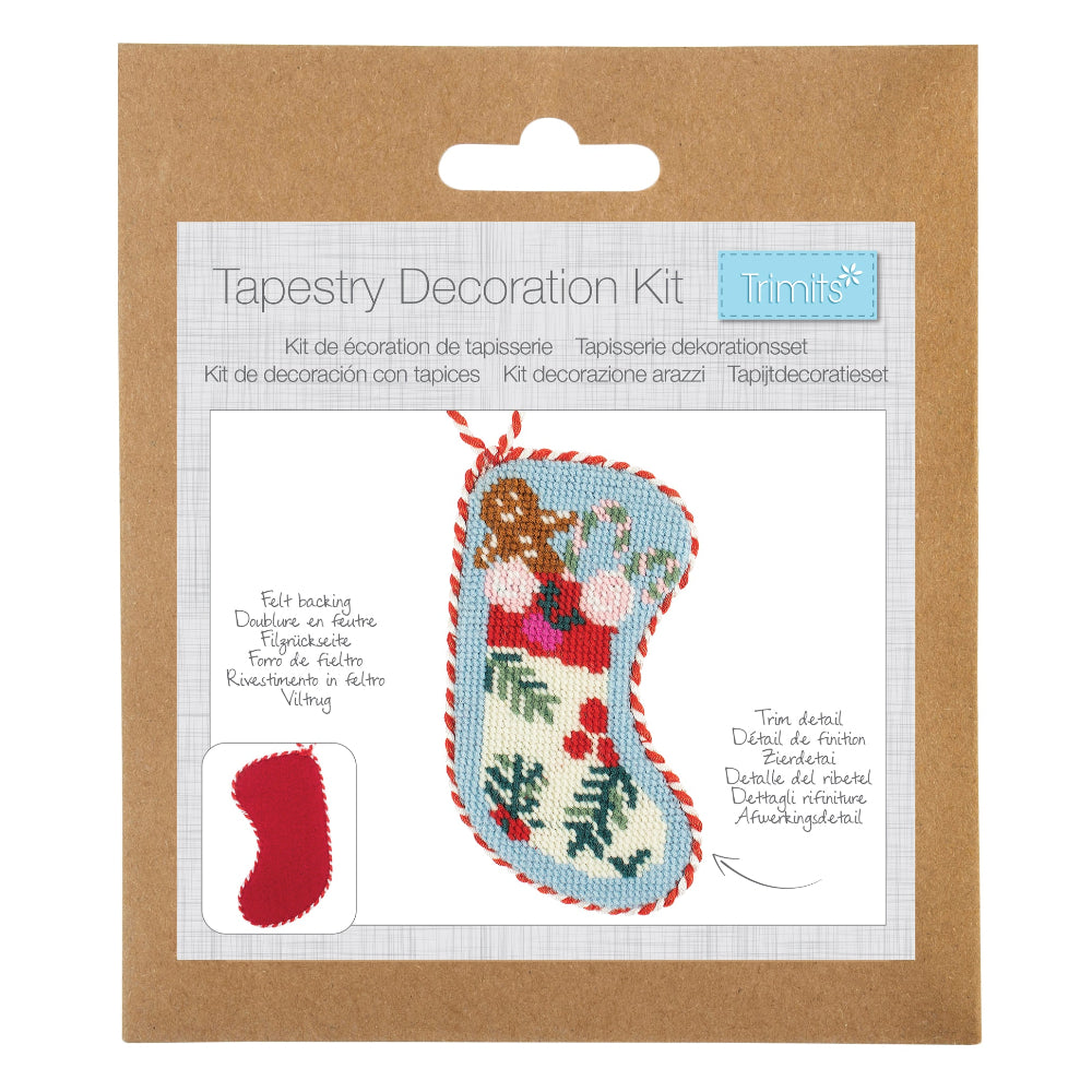 Tapestry Decoration Kit by Trimits in its original brown kraft paper packaging, featuring a printed illustration of a Christmas stocking.