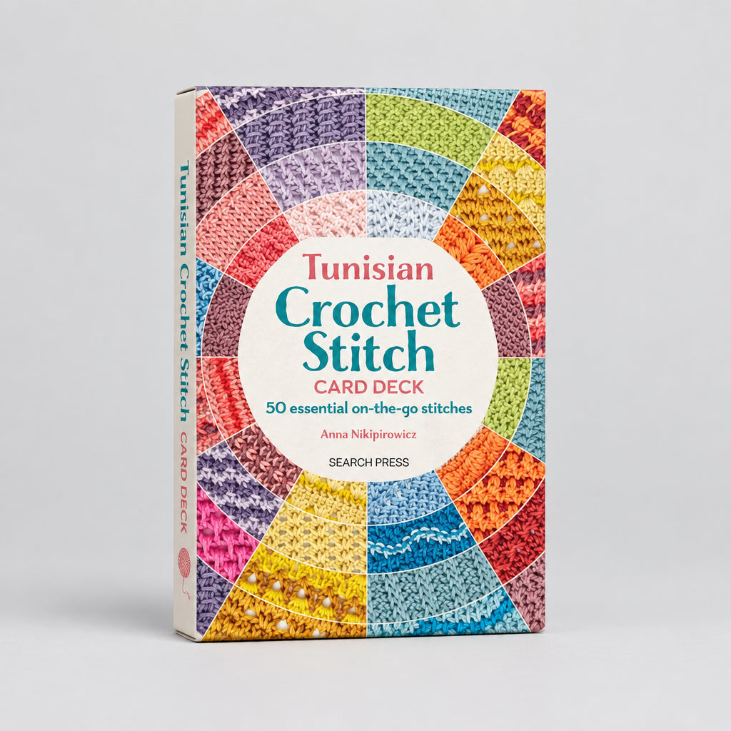 Crochet Stitch Card Deck book by Anna Nikiporowski from Search Press, featuring a colourful circular pattern of crocheted stitches on the cover, set against a plain white background.