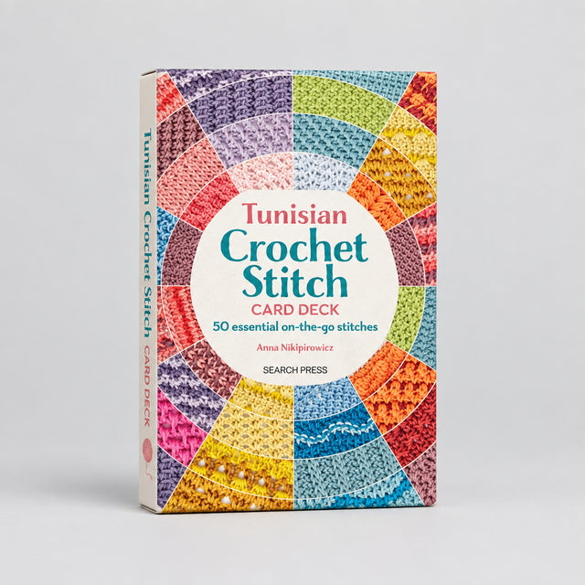 Crochet Stitch Card Deck book by Anna Nikiporowski from Search Press, featuring a colourful circular pattern of crocheted stitches on the cover, set against a plain white background.