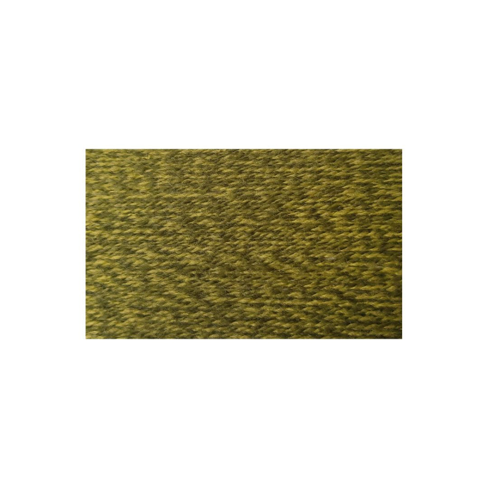 A rectangular close-up swatch of a textured, heathered yarn in olive green and yellow tones, centered on a plain white background.
