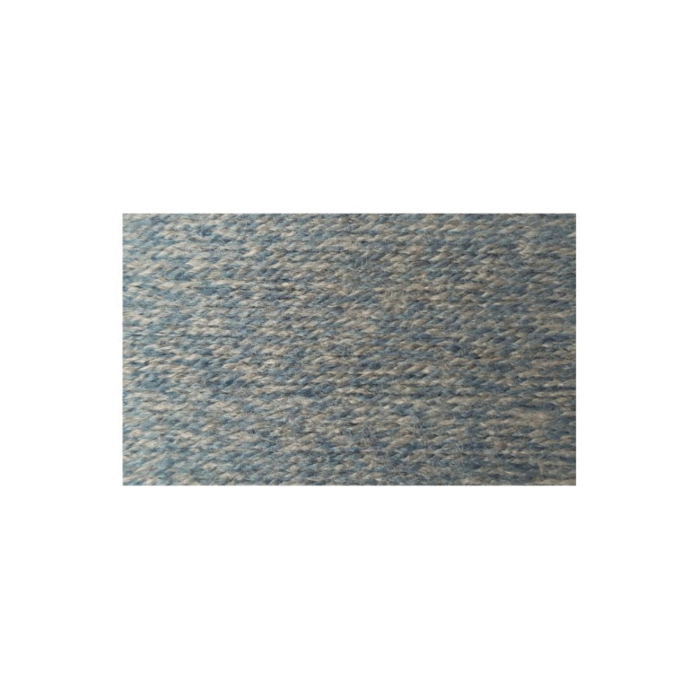 A rectangular close-up swatch of textured yarn in a heathered blue and beige tone, centered on a plain white background.