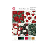 A fabric design card for 'Winter Poinsettia' by The Crafty Cotton Co, displaying six different holiday-themed poinsettia patterns in red, green, black, and white, along with a colour palette at the bottom.