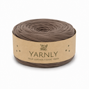A roll of Yarnly faux leather T-shirt yarn in a taupe-brown color, wrapped in a kraft paper band with the brand name 'YARNLY' printed on it, set against a plain white background.