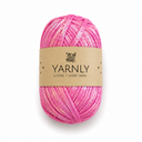 A skein of pink yarn with a shimmering glitter finish, wrapped in a brown paper band labeled 'YARNLY LUSTRE T-SHIRT YARN' on a white background.