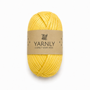 A skein of yellow yarn with a brown paper label reading 'YARNLY LUSTRE T-SHIRT YARN' on a plain white background.