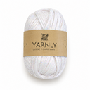 A skein of white yarn with a brown paper label reading 'YARNLY LUSTRE T-SHIRT YARN' on a clean white background.