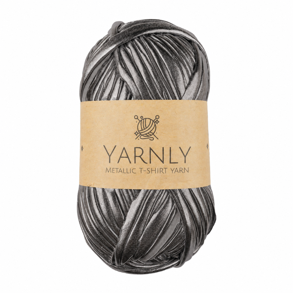 A skein of Yarnly Metallic T-Shirt Yarn in a dark gray metallic shade, wrapped with a brown kraft paper label, on a plain white background.