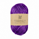 A skein of metallic purple yarn with a brown paper label reading 'YARNLY METALLIC T-SHIRT YARN' on a plain white background.