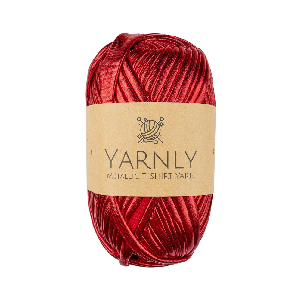 Red metallic yarn ball with a Yarnly label on a white background