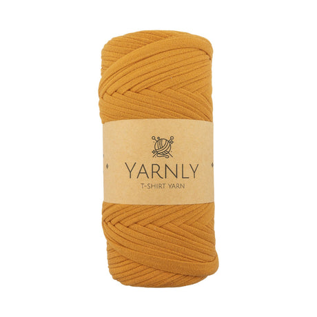 Mustard yellow yarn ball with a Yarnly label on a white background