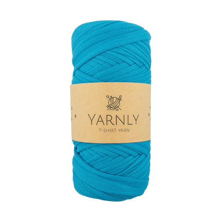 Turquoise yarn ball with a Yarnly label on a white background