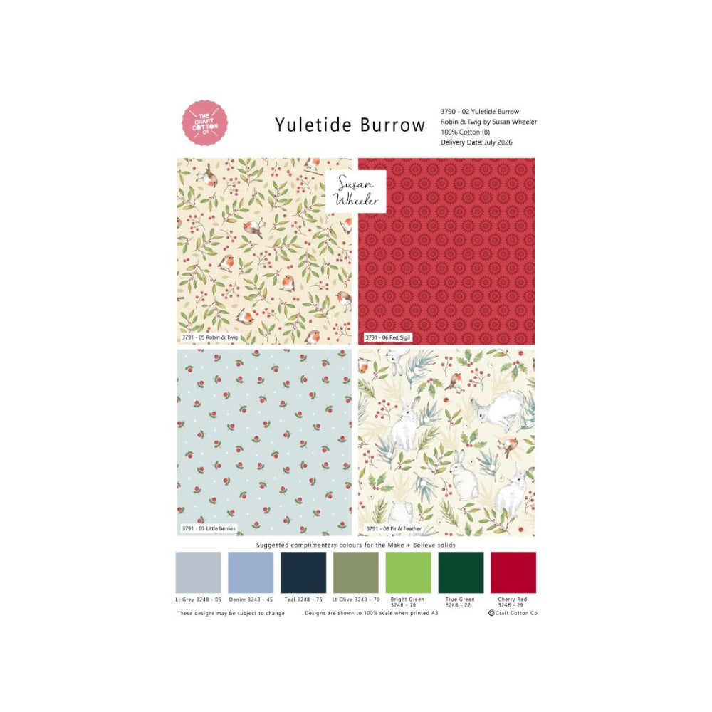 A fabric design sheet titled 'Yuletide Burrow' showing four patterned paper swatches and colour options. The designs include a cream floral pattern, a red geometric pattern, a light blue floral pattern, and a cream bunny-and-branch pattern.