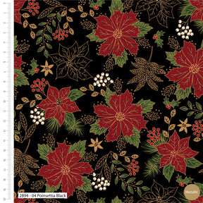 Classic Christmas Fabric Poinsettia Black