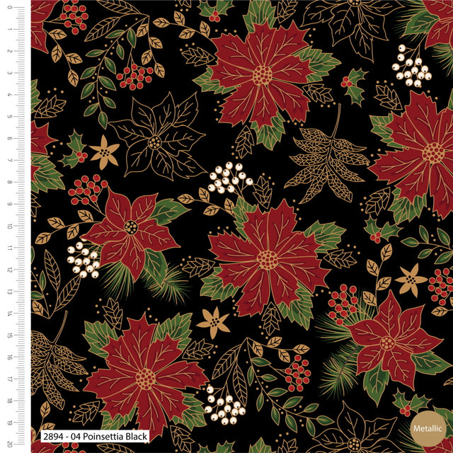 Classic Christmas Fabric Poinsettia Black