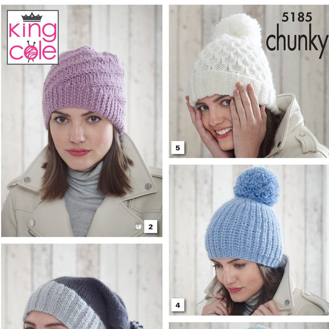 King Cole Chunky Hat Knitting Pattern 5185