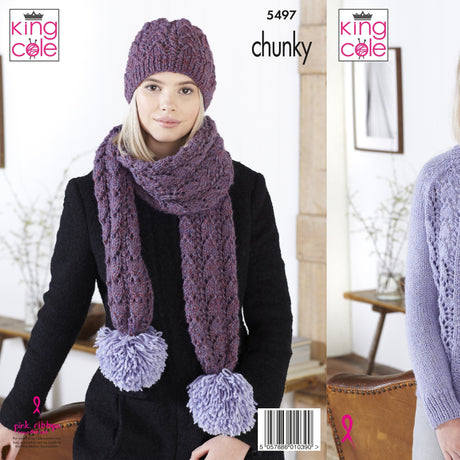 King Cole Chunky Hat & Scarf Knitting Pattern 5497