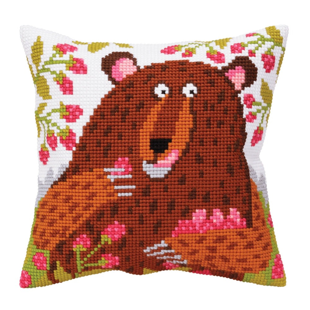 Cross Stitch Cushion Kit Bear in Raspberry