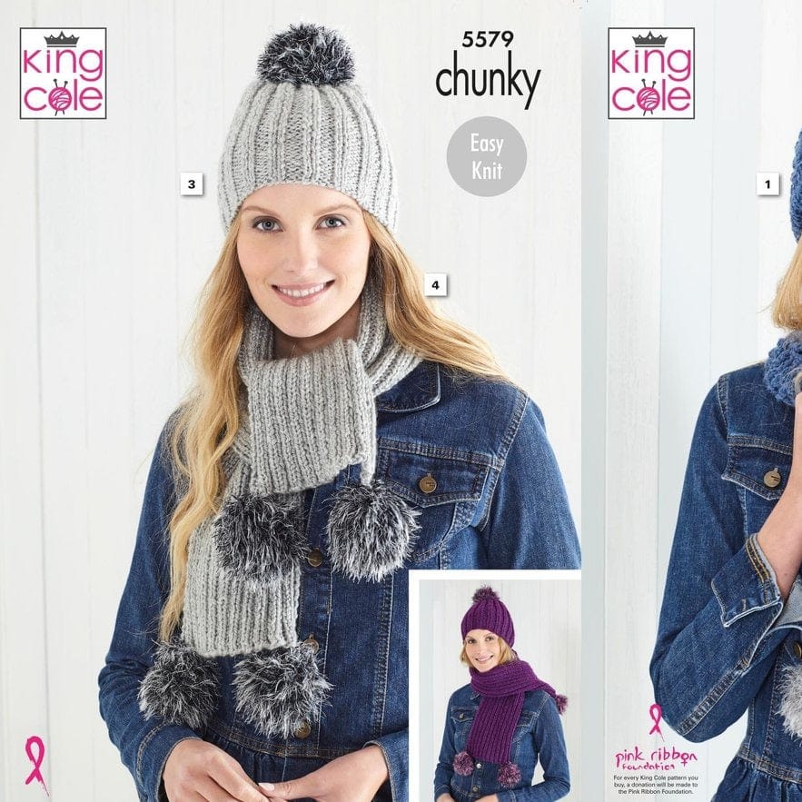 King Cole Patterns King Cole Hat and Scarf Knitting Pattern 5579