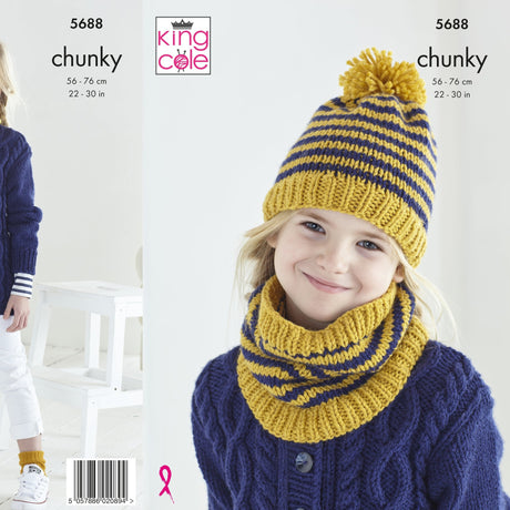 King Cole Patterns King Cole Kids Chunky Cardigan, Hat and Scarf Knitting Pattern 5688