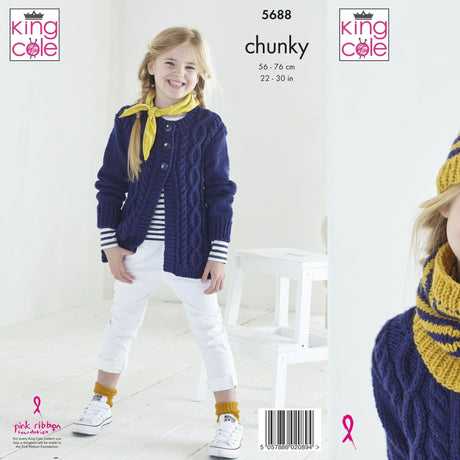 King Cole Patterns King Cole Kids Chunky Cardigan, Hat and Scarf Knitting Pattern 5688